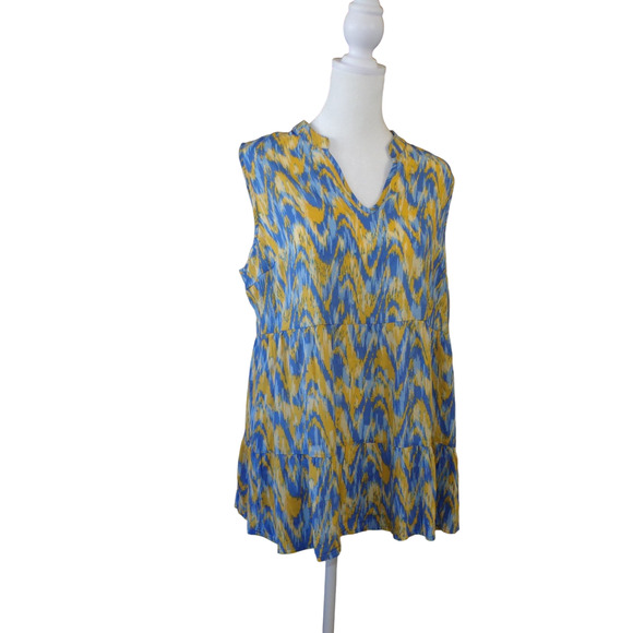 Unique Spectrum Tops - Sleeveless Peplum Blouse Unique Spectrum Watercolor Print size Medium Blue Gold